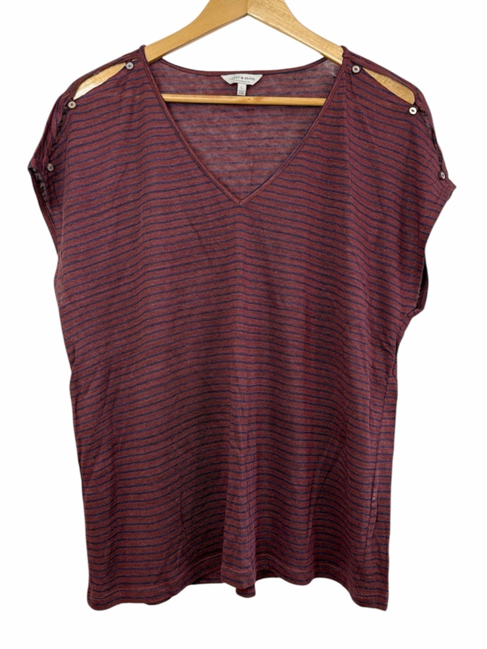 Lucky Brand Striped V-Neck Top Button Shoulder Boho Tee Size L